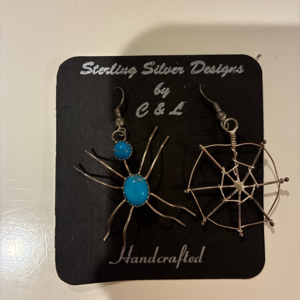 Sterling Silver Spider and Web Earrings
